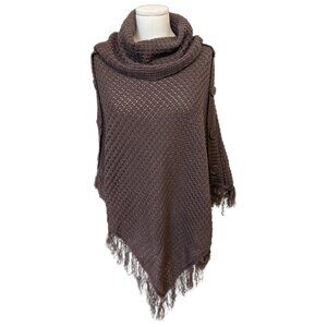 Womens Brown Cowl Neck Knit Poncho Shawl Sweater Fringe Trim Fall Cape Buttons M